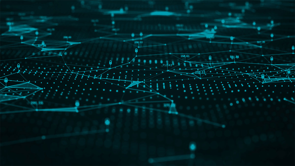 Cloud-Services & -Management Digitale Netzwerkvisualisierung mit miteinander verbundenen Linien und Punkten, die Datenpunkte und dreieckige Formen auf einem dunklen Hintergrund anzeigen und Cloud-Services für effizientes Management nahtlos integrieren.